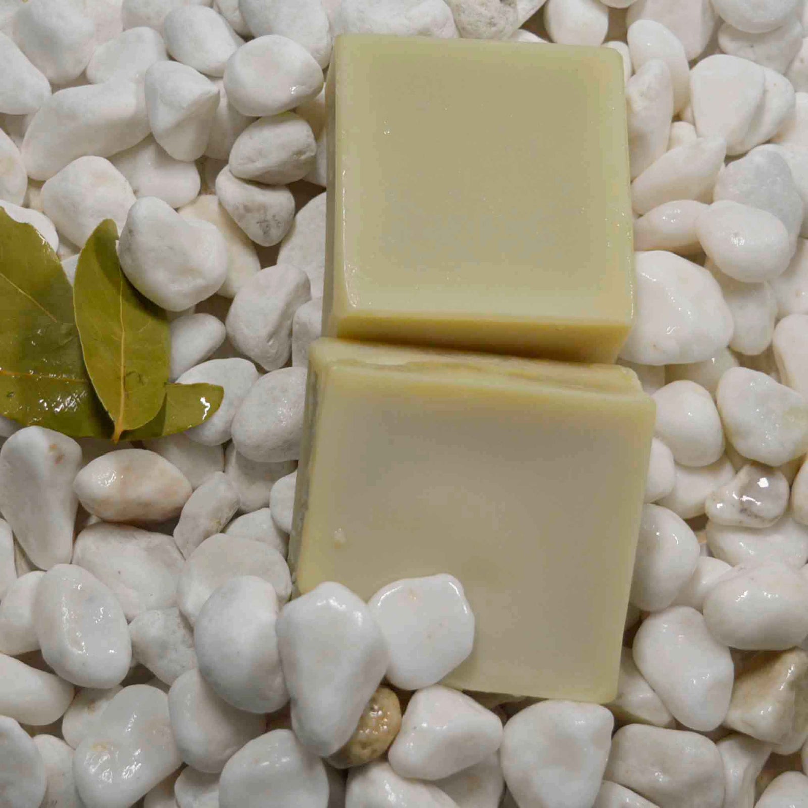 2 Plain green tinged soap bars on a stone background