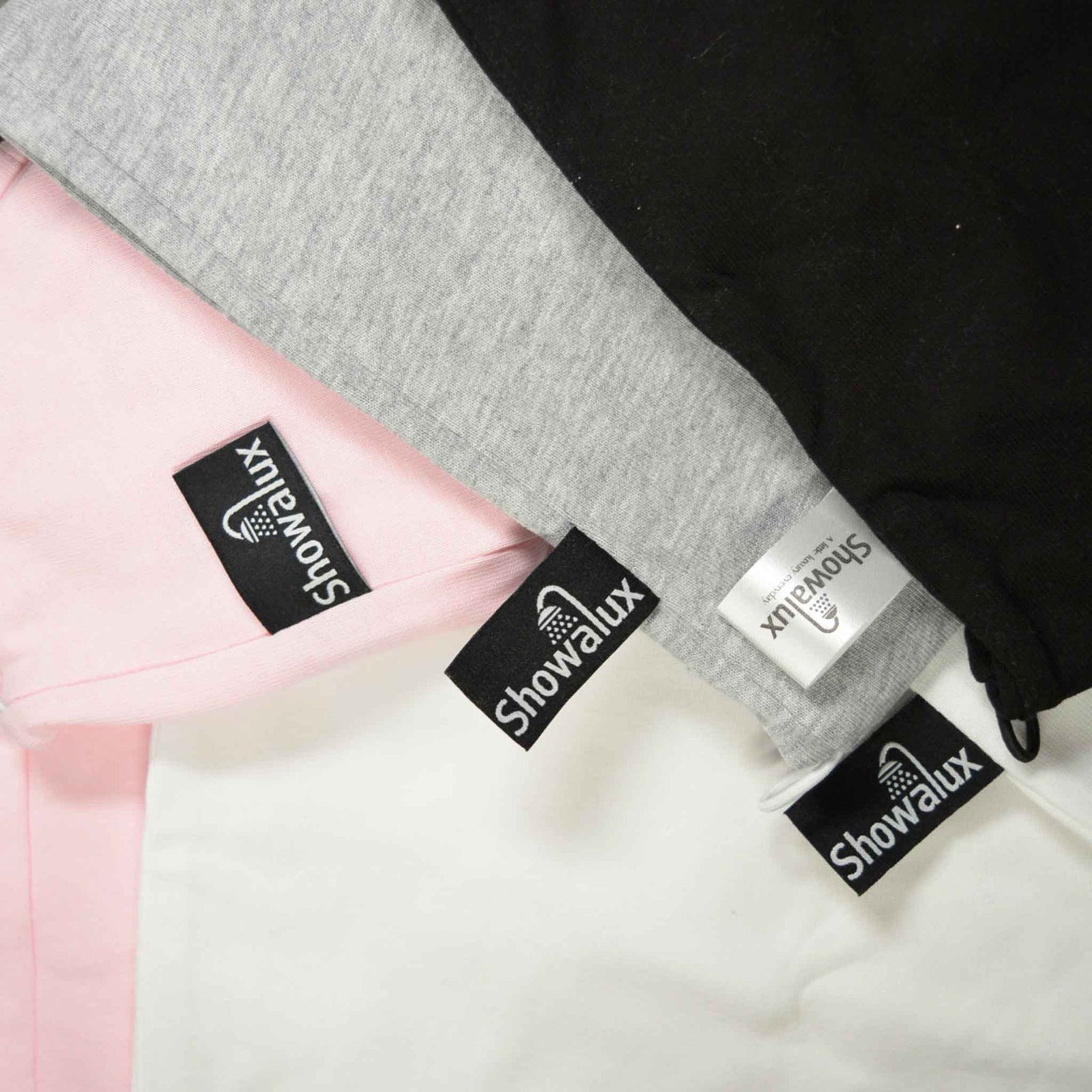 Shows the 4 colours of the cotton wraps with the showalux logo showing for each colour