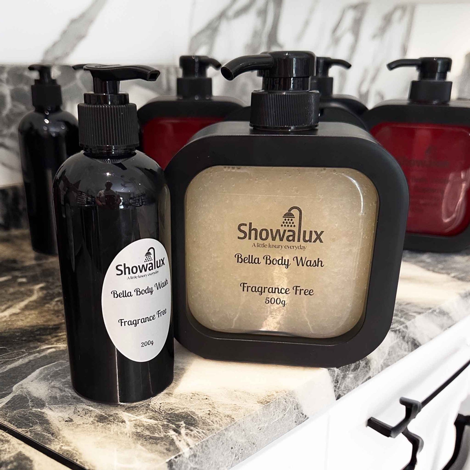 Showalux Bella Body Wash fragrance free bottle on a marble surface