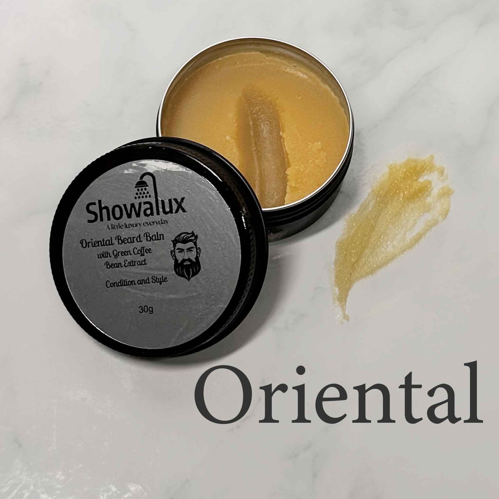 Showalux Oriental Beard Balm container with balm on a white background