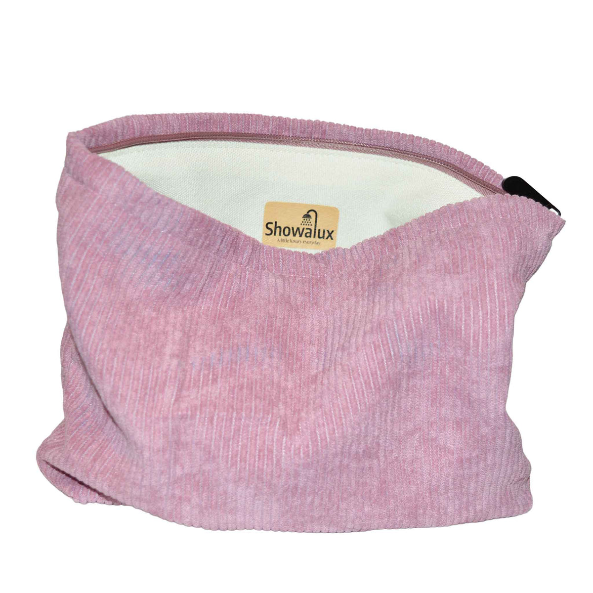 Corduroy makeup bag, open showing the showalux logo on inside