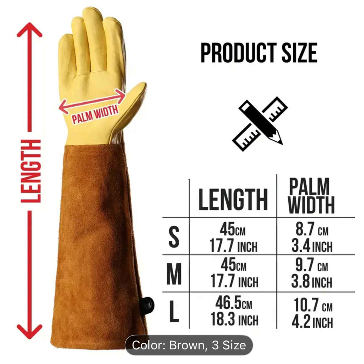 Glove measurement chart with glove size details on a white background