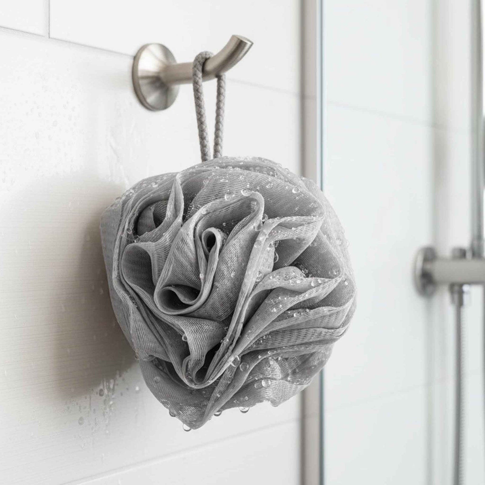 Three bath scrubs in white, pink, and gray on a marble surface.