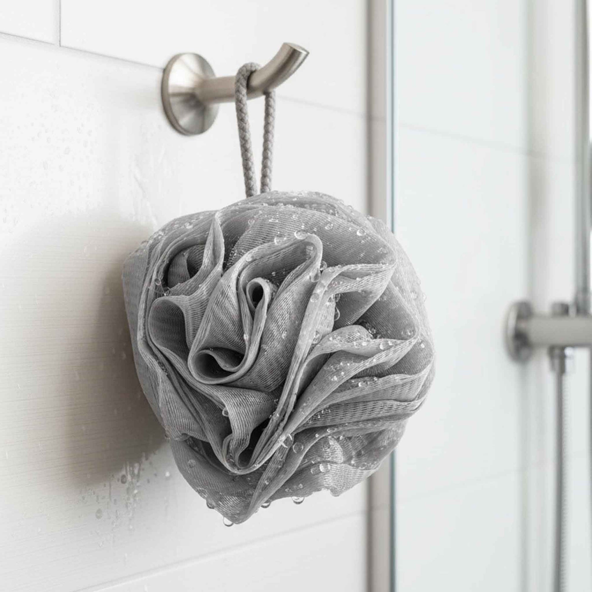 Three bath scrubs in white, pink, and gray on a marble surface.