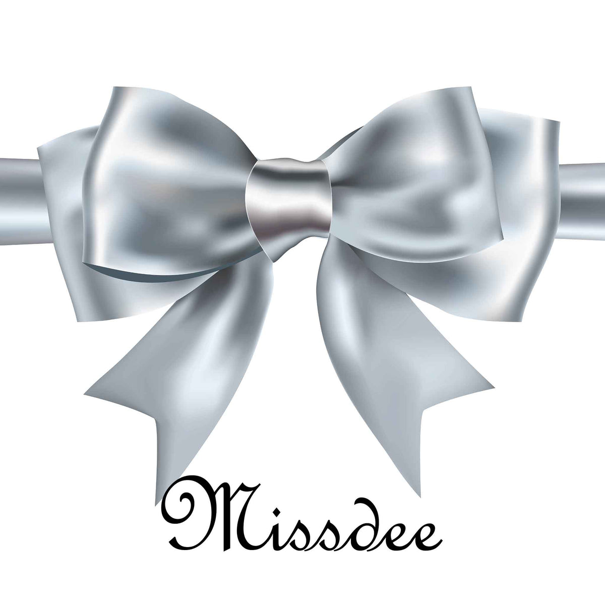 Silver bow with 'Missdee' branding on a white background
