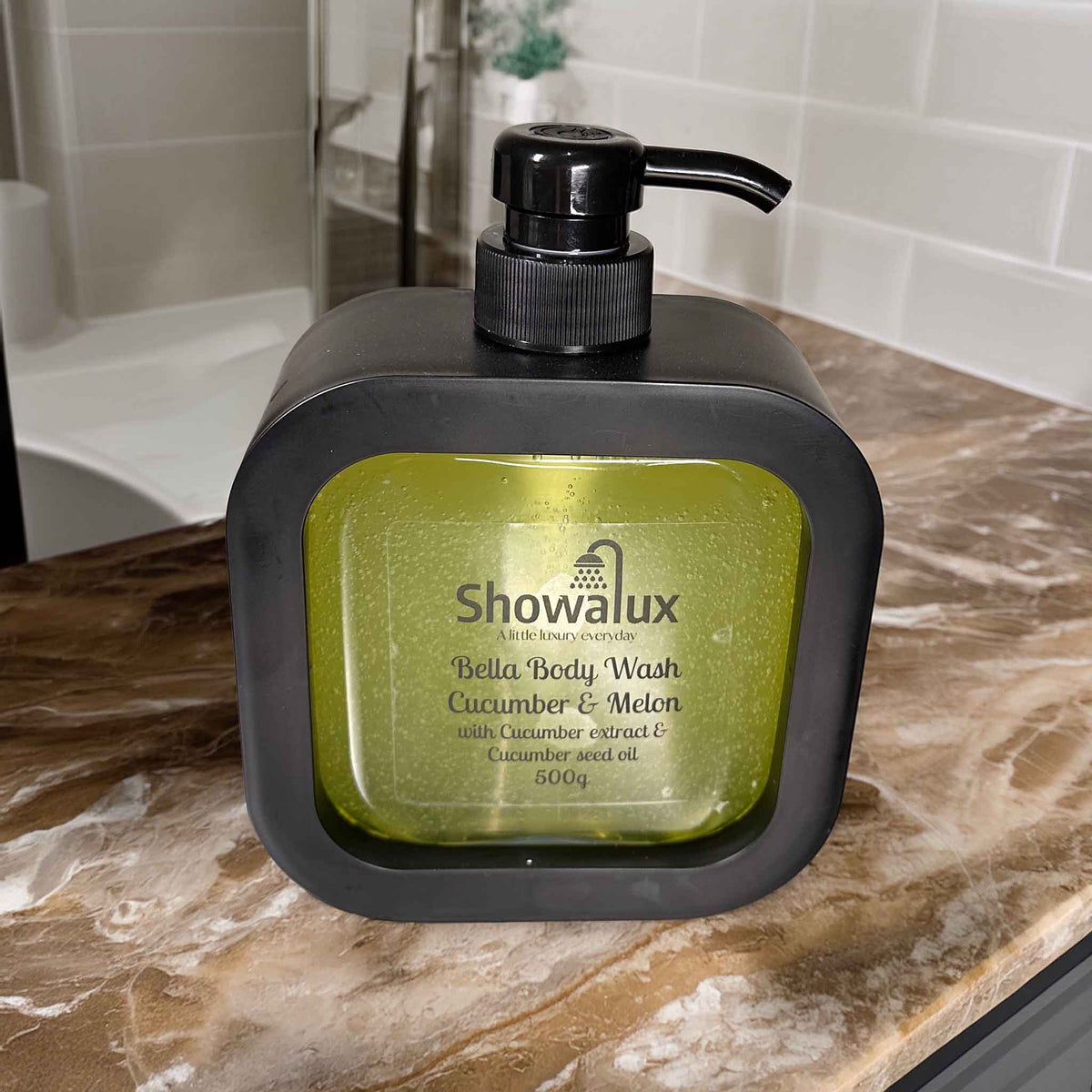 Showalux Bella Body Wash bottle with pump on a marble countertop
