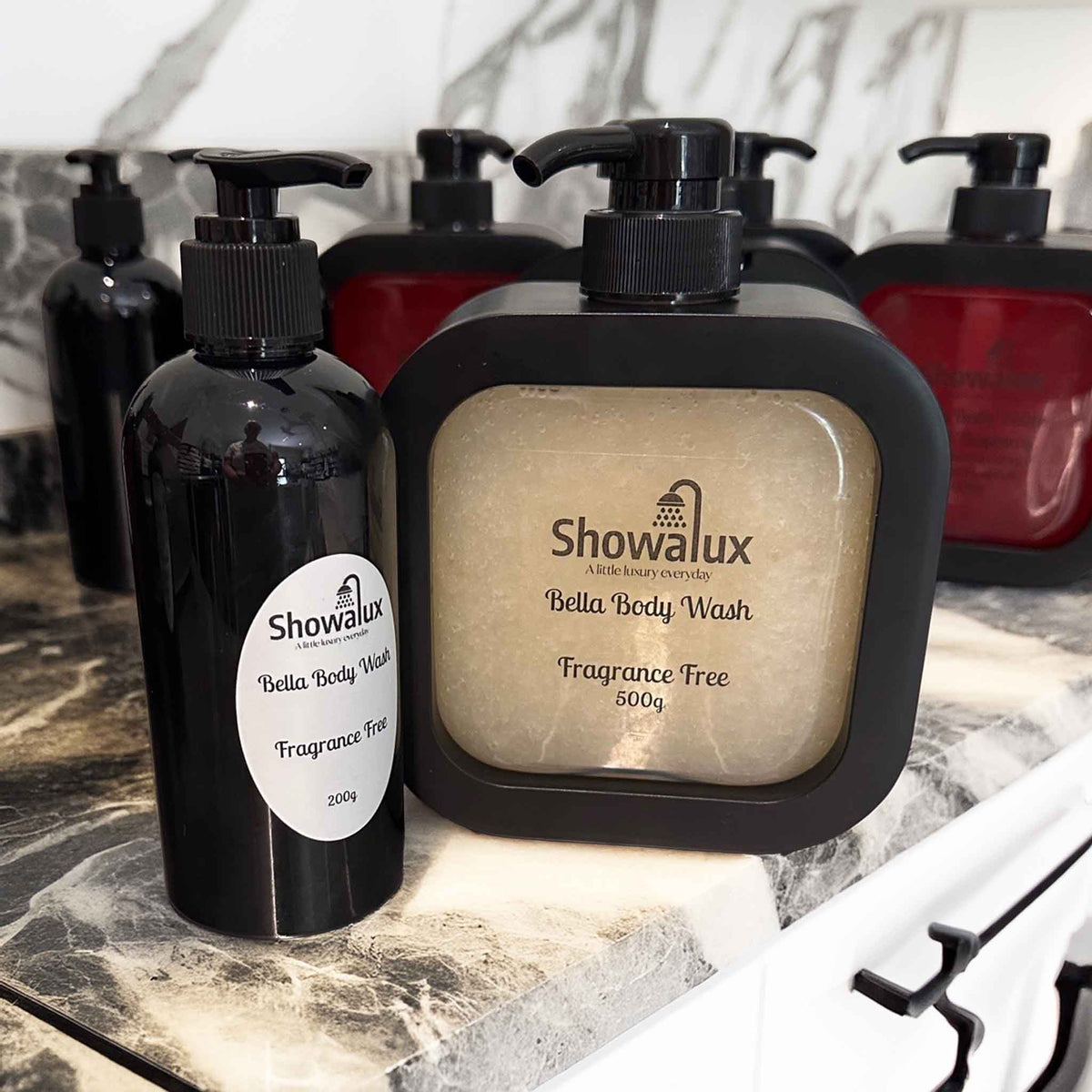 Showalux Bella Body Wash fragrance free bottle on a marble surface