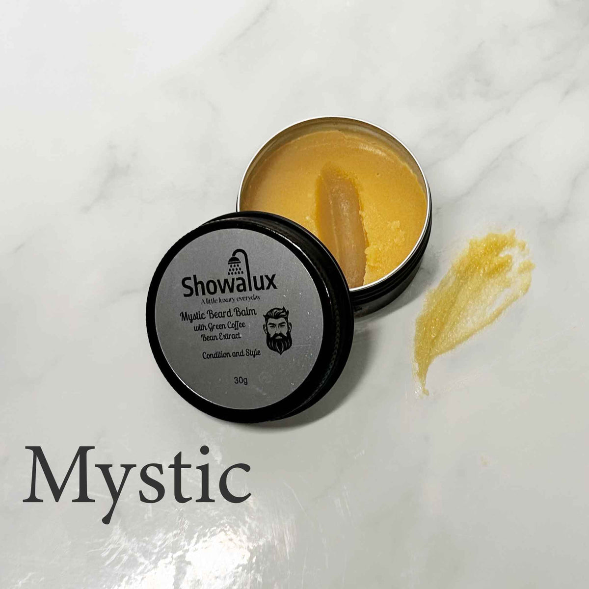 Showalux Mystic Beard Balm container with balm on a white background