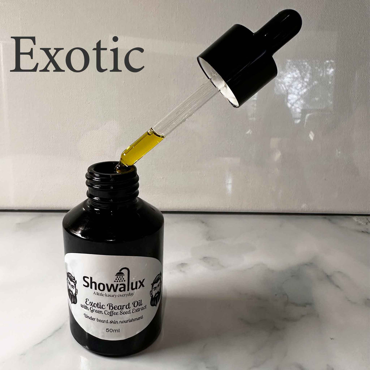 A small bottle of beard oil with a silver label and an eye dropper, dripping oil into the bottle fragrance is Exotic