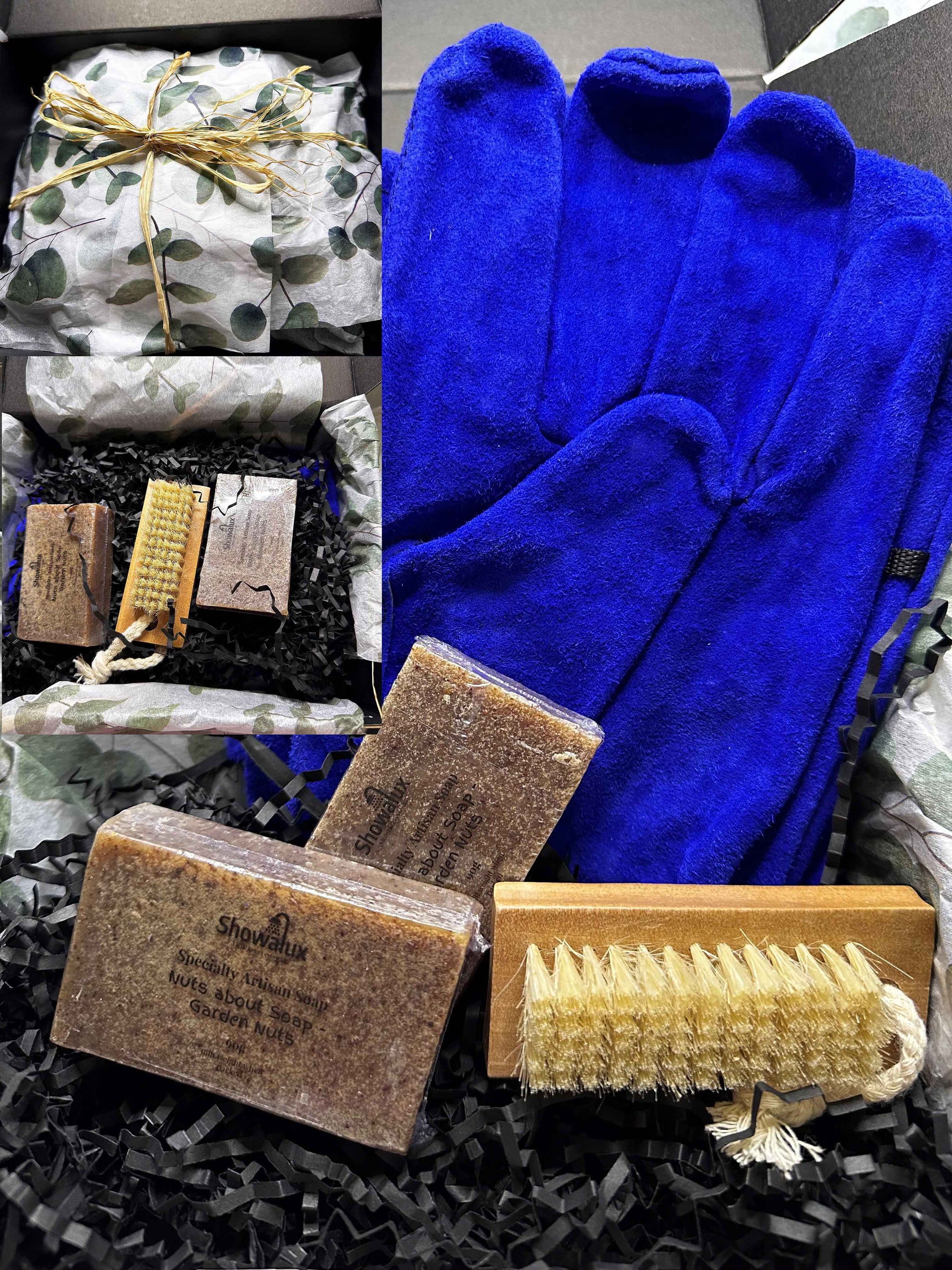 Set of bath products including soaps, a scrubber, and blue  gloves on a black surface.