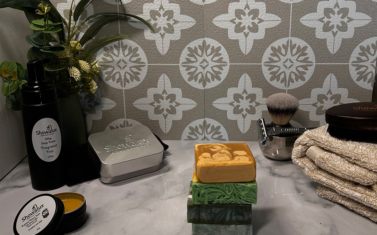 Showalux soaps and beard accessories on a bathroom vanity.