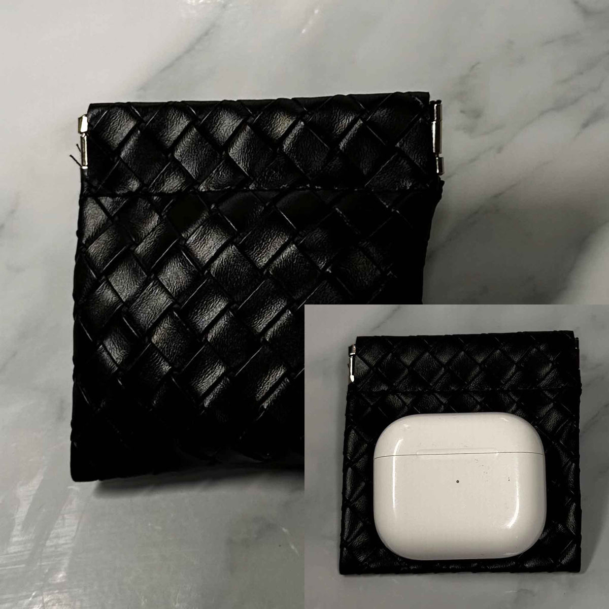 Black woven Showalux pouch with a white air pod case on a marble surface