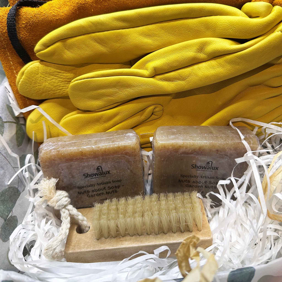 Showalux soap and scrub brush set with yellow gloves in the background